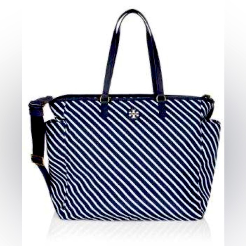 Tory Burch Scout Tote Bag Insulated Striped Navy Blue & White Beach Work